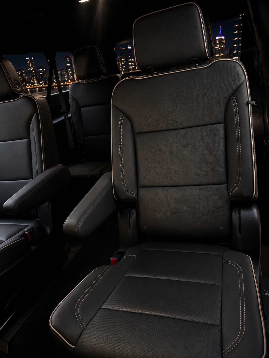 Close-up of the Suburban captain's chair with premium black leather interior