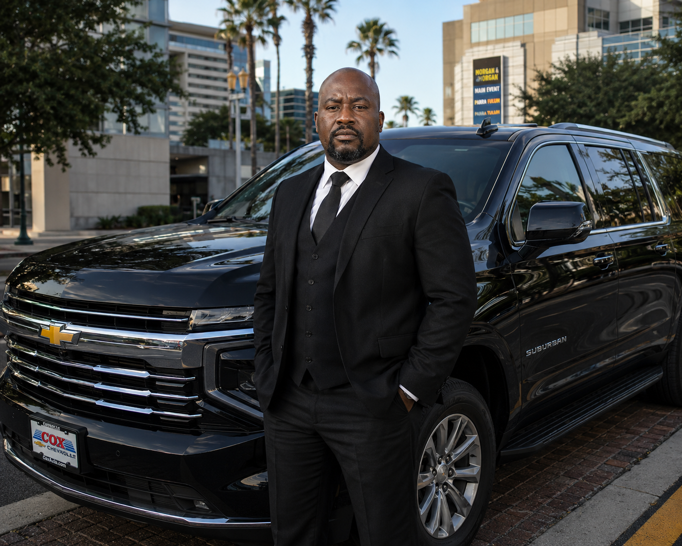 Mr Garcon, Tampa Luxury Vault's private chauffeur, standing beside the black 2026 Chevy Suburban