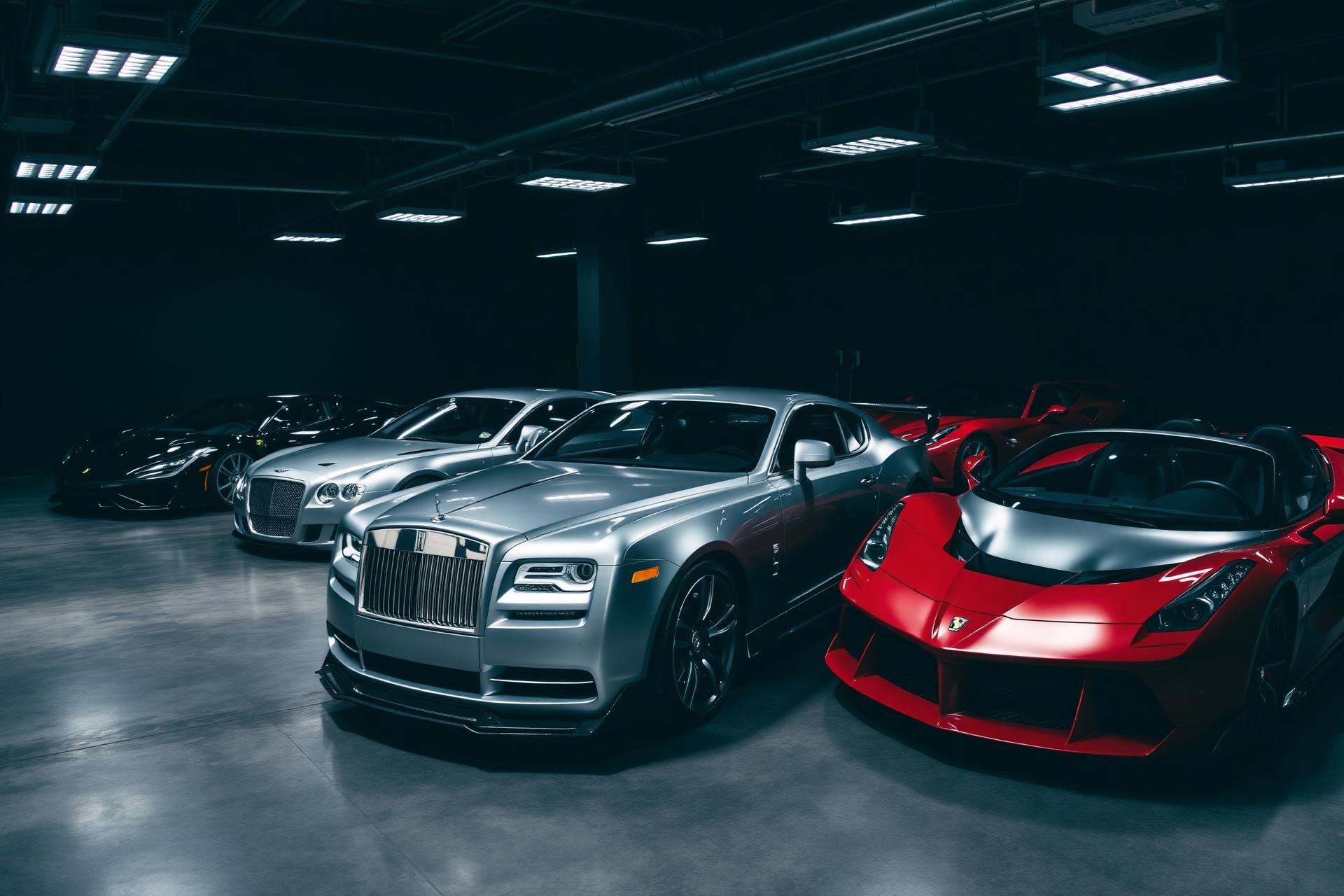 Private vault of exotic and luxury vehicles in a climate-controlled showroom
