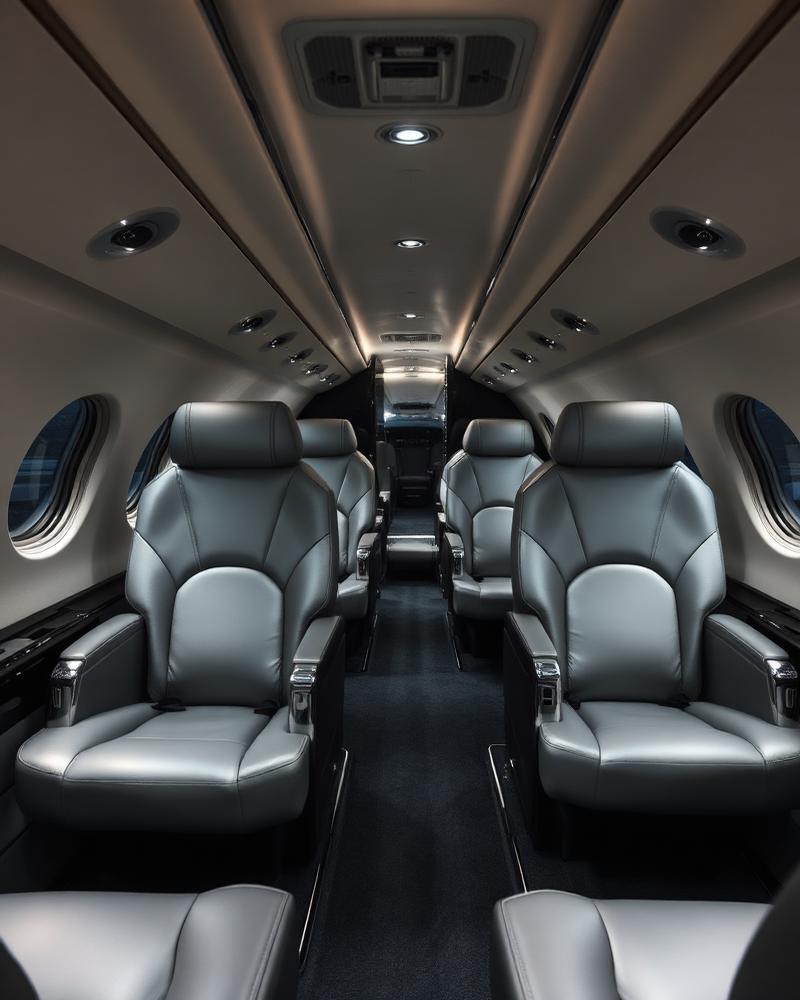 Private jet interior with silver leather seating